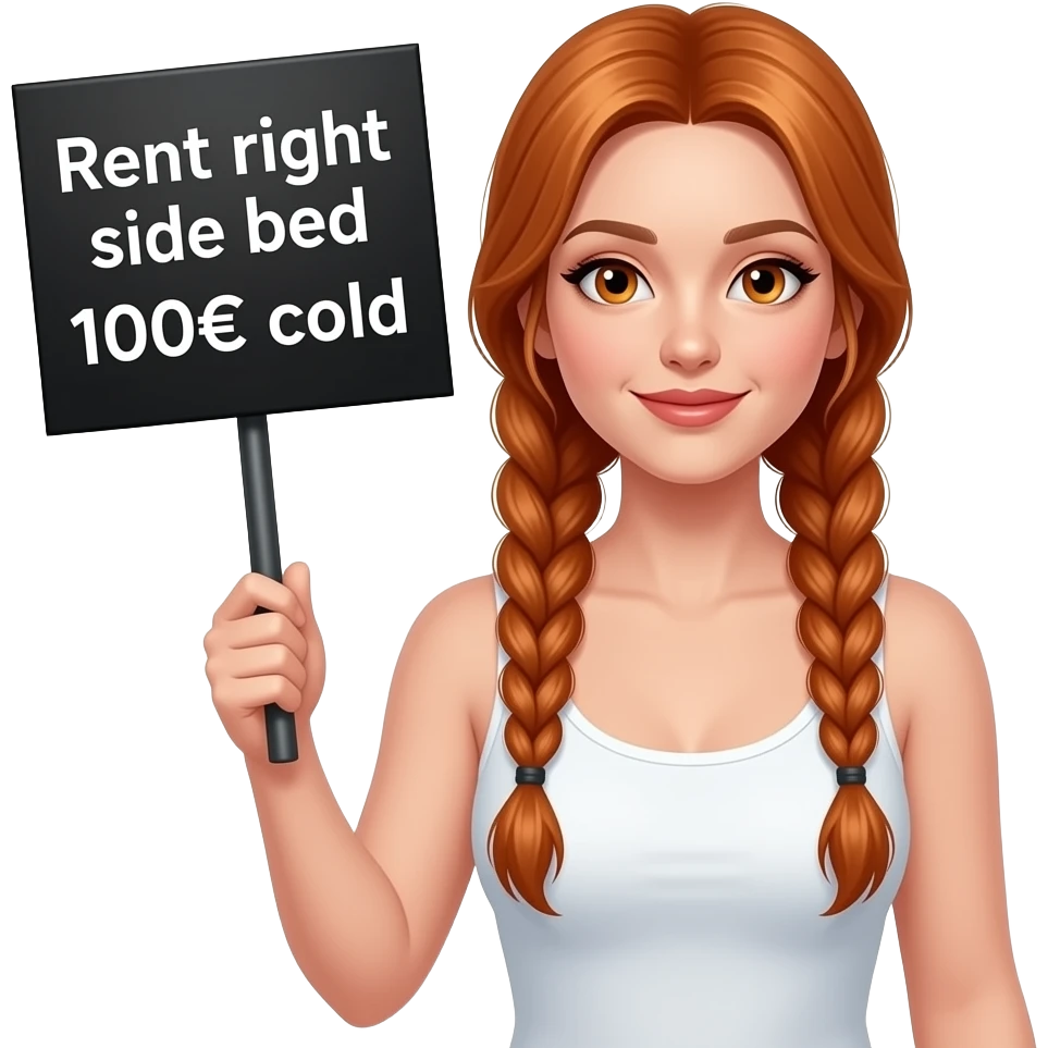 sexy girl with long ginger braids and ginger eyes wearing a white tanktop is holding a black sign with VERMIETE rechte BETTSEITTE 100€ kalt written on it emoji
