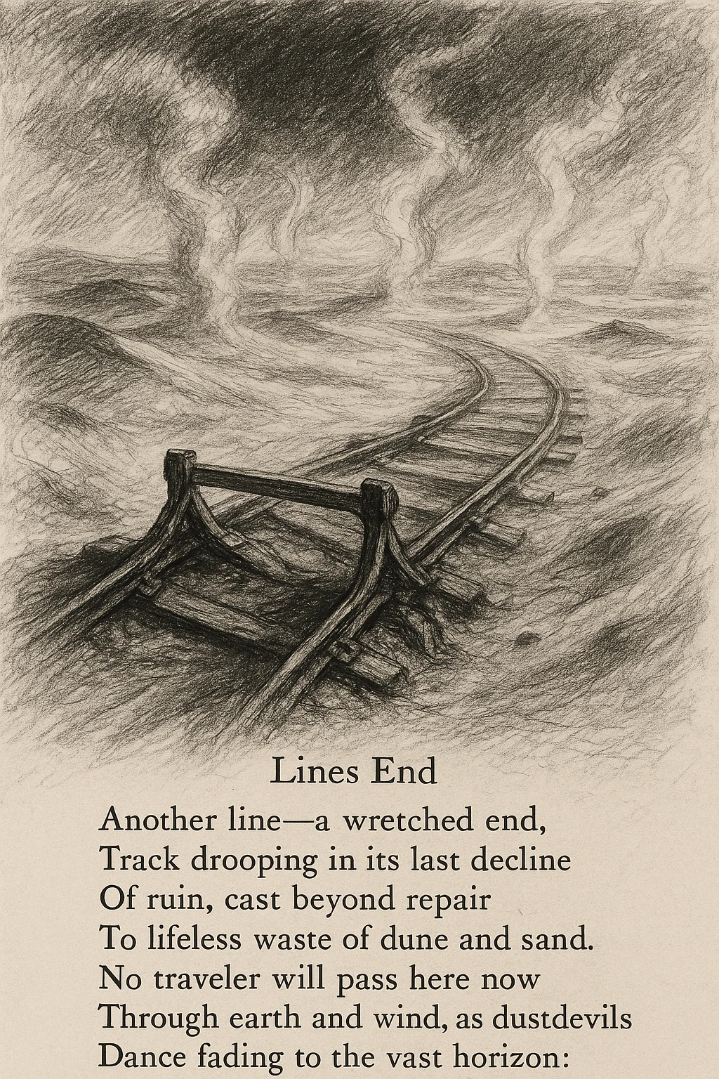 black and white pencil sketch inspired by the poem 'Lines End' showing a desolate, slumping railroad track ending abruptly in a barren landscape of dunes and sand, with twisted rails and a sense of ruin, vast empty wasteland with wind, earth, and dust devils, dramatic lighting, no background clutter, include the verbatim poem text in double quotes in a regular text font flowing along the bottom or side of the sketch emoji