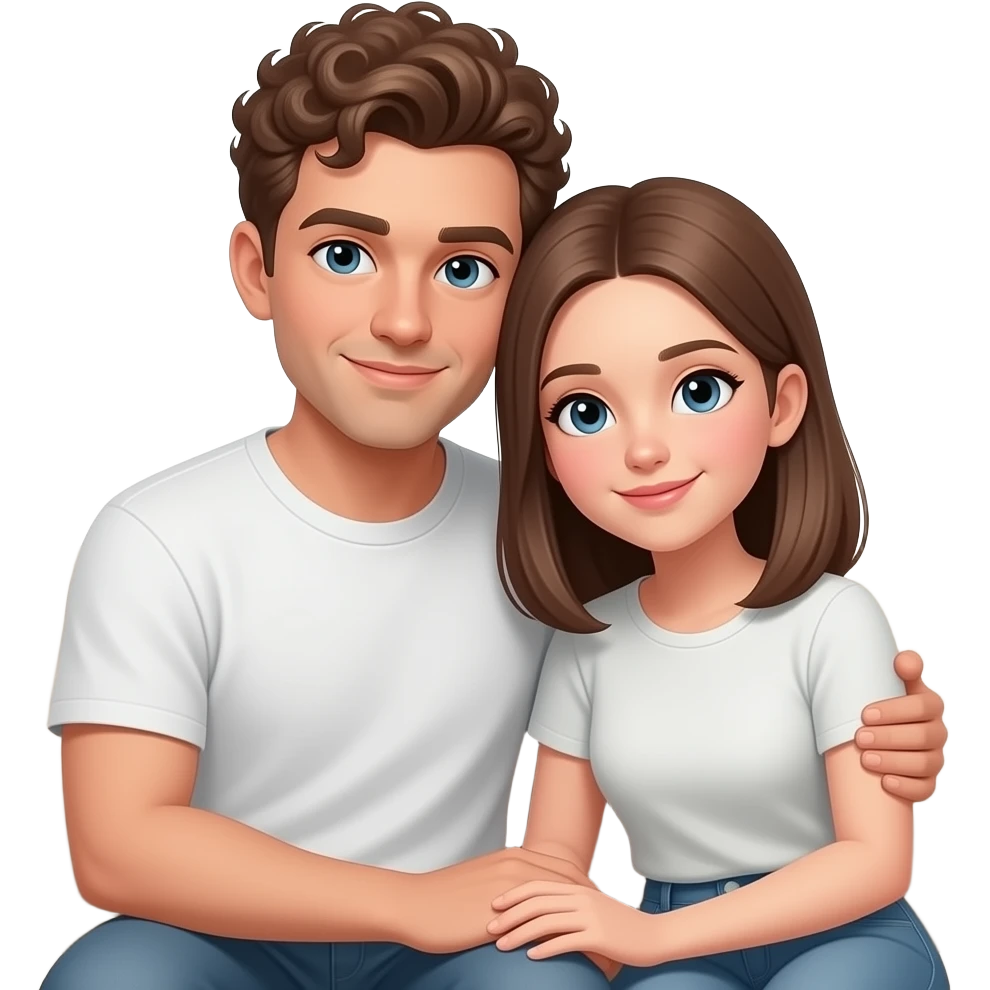 Realistic white man brown super short curly hair cuddling with realistic white girl brown straight hair on couch emoji