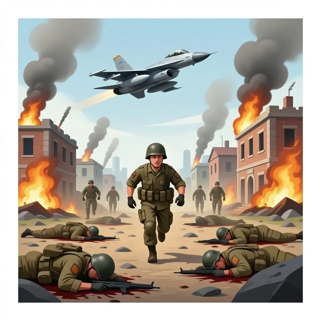 War a battle field where soldiers are dieing bildings are in fire fighter jet is flying a soldier is runing to words enemy with background emoji