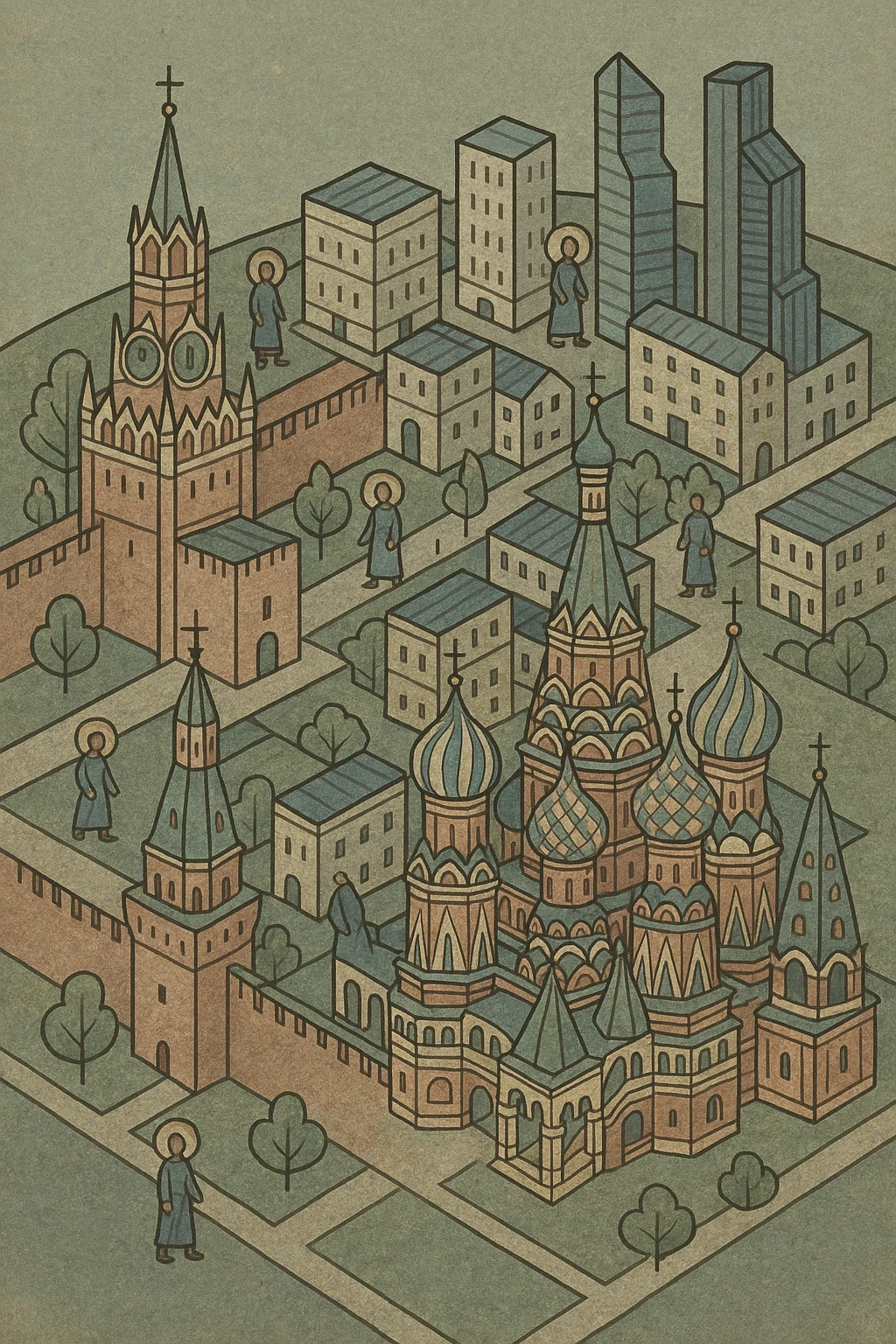 Изометричная миниатюрная 3D модель Москвы - Кремль, собор Василия Блаженного, Сити,  аккуратная детализация, яркие цвета мультяшный реализм, компактная композиция,  вид сверху в изометрии emoji
