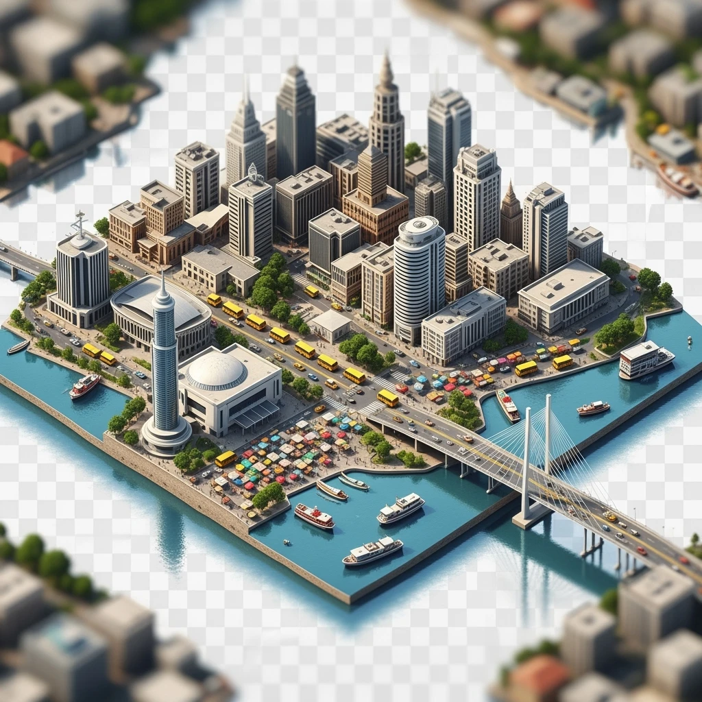 Isometric miniature of Lagos Nigeria 3D miniature effect and Tilt Shift effect, no cartoonish look, transparent background, don't cut angles emoji