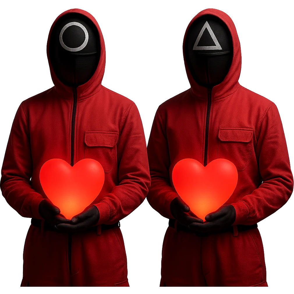 Edit the image of two masked guards from Squid Game series in pink jumpsuits, both holding large glowing red hearts that emit soft light. Keep the original style with minimal background and dramatic lighting. Remove the background entirely. emoji