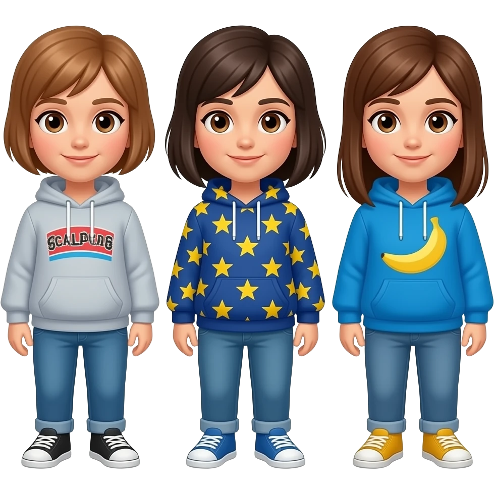 Tres amigas una castaña clarito pelo liso ojos marrones con una sudadera de scalpers,una pelo moreno y liso ojos marrones con una sudadera de estrellas,una con pelo liso marrón ojos marrones y una sudadera de blue banana. que se les vea bien a las tres emoji