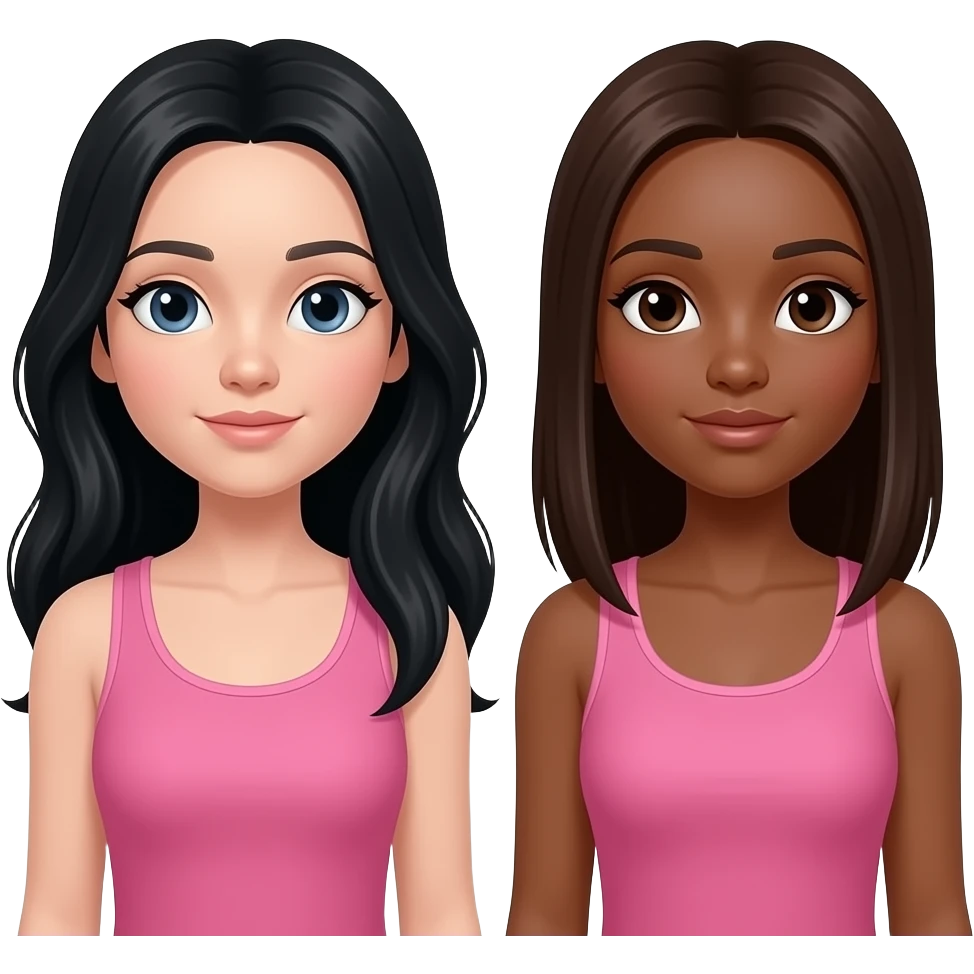 Two teen emojis stand side by side wearing pink tank tops, the left one light‑skinned with supper long black hair and the right one dark‑skinned with long dark‑brown straight hair. emoji