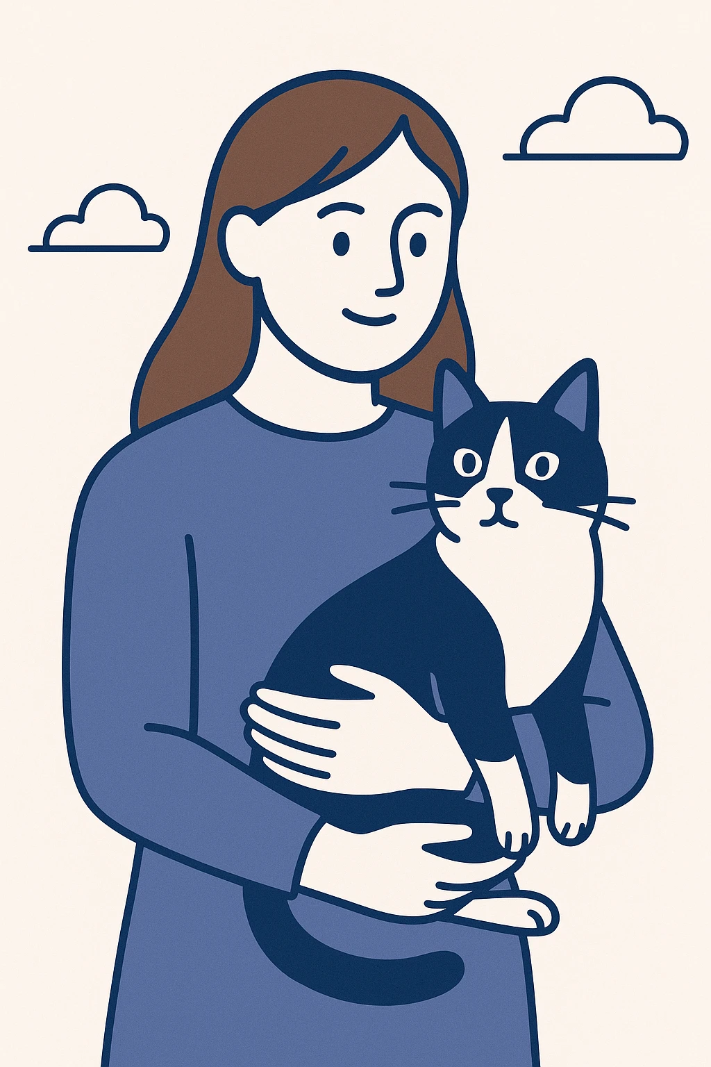 a person with brown long hair holding a black and white cat, clean modern illustration style emoji