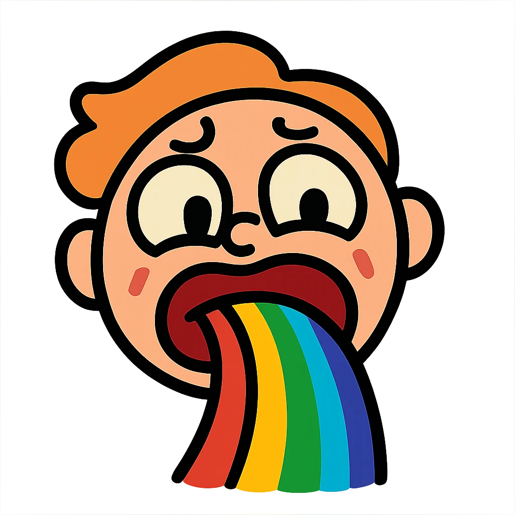 a cartoon face throwing up a rainbow, exaggerated expression emoji