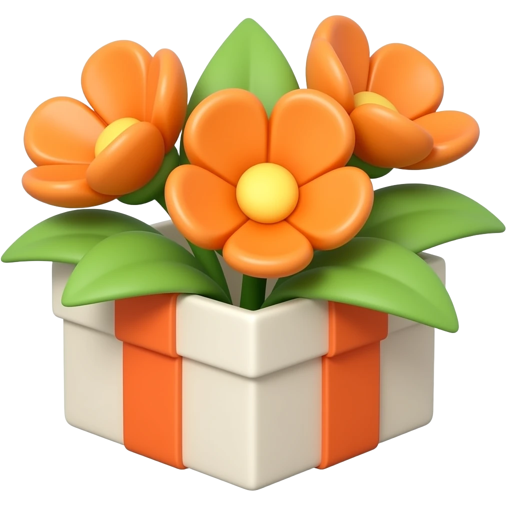 square gift box, no lid, spring orange flowers with green leaves protruding, flat style, soft shapes, emoji-like emoji