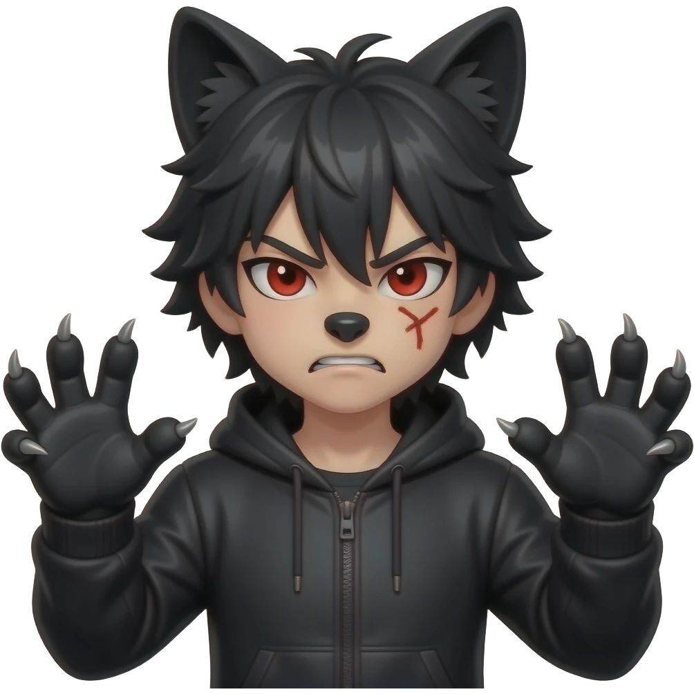 Emo boy with side black fringe with a full buff black alpha furry suit on and red eyes angry with scar wolf man claws uwu hands face wolf guy no human emoji