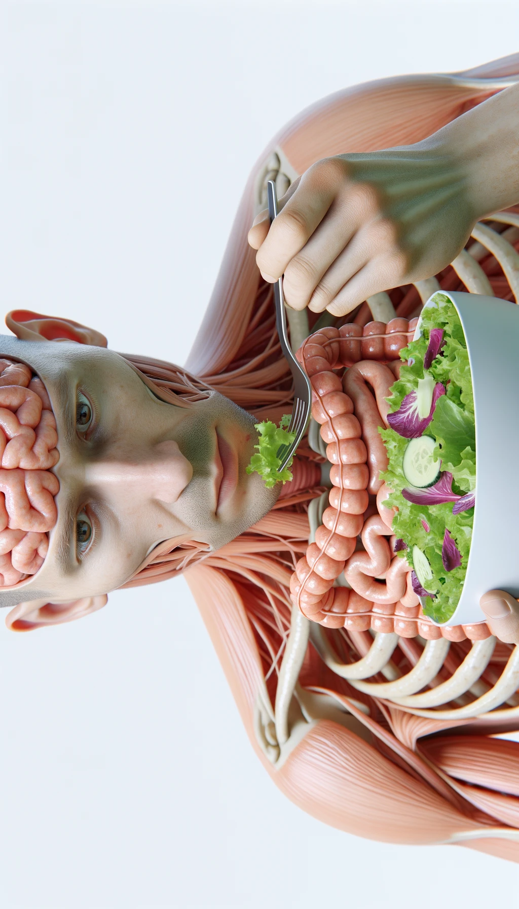 corpo umano anatomico con intestino in evidenza mentre mangia un'insalata con espressione neutra in volto, iperrealistico 4k, isolato su sfondo bianco emoji