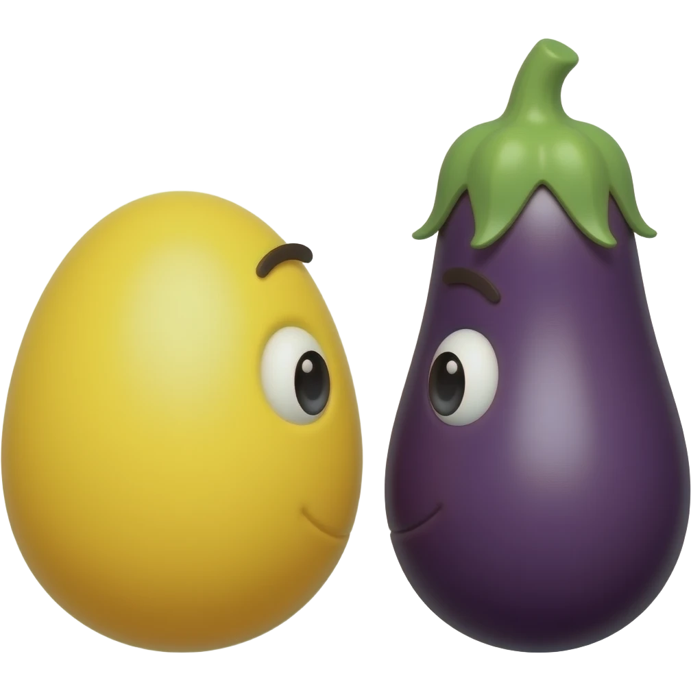 Yellow emoji face looking at one big eggplant and one small eggplant emoji