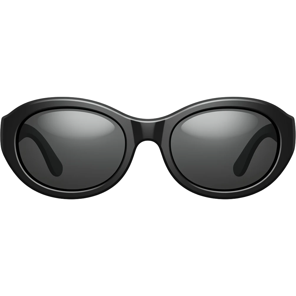 black oval sunglasses, glossy frame, dark lenses, centered composition, clean white background, soft shadow, minimal, high detail, product photography emoji