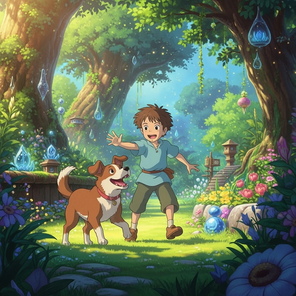 kid and his pet dog in studio ghibili style emoji