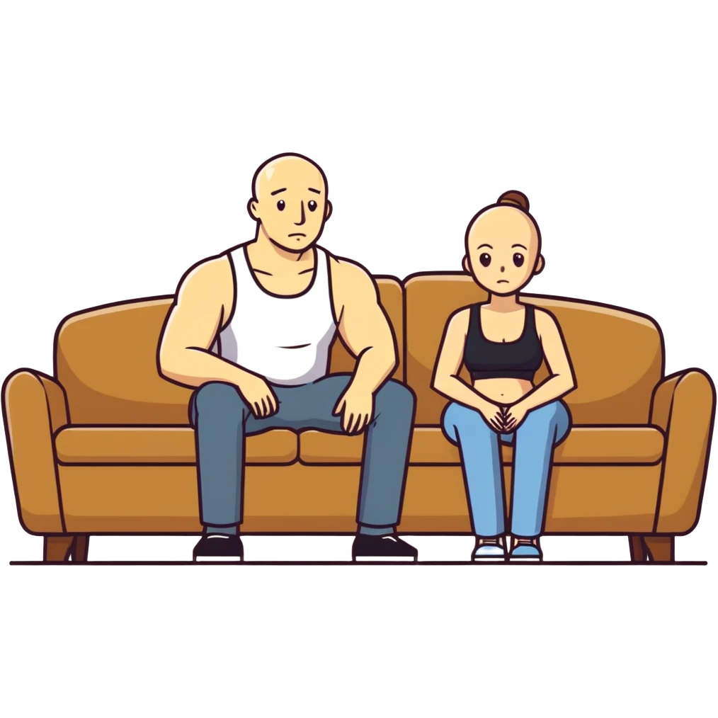 A bald man sitting on a couch. One Caucasian woman with brown hair, big boobs, wearing pants and a tank top, kneeling on the ground. emoji