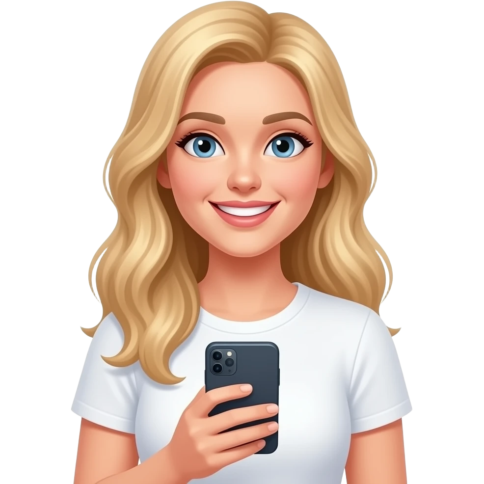 strawberry blonde fair skinned long hair woman in white tshirt smiling holding smart phone emoji