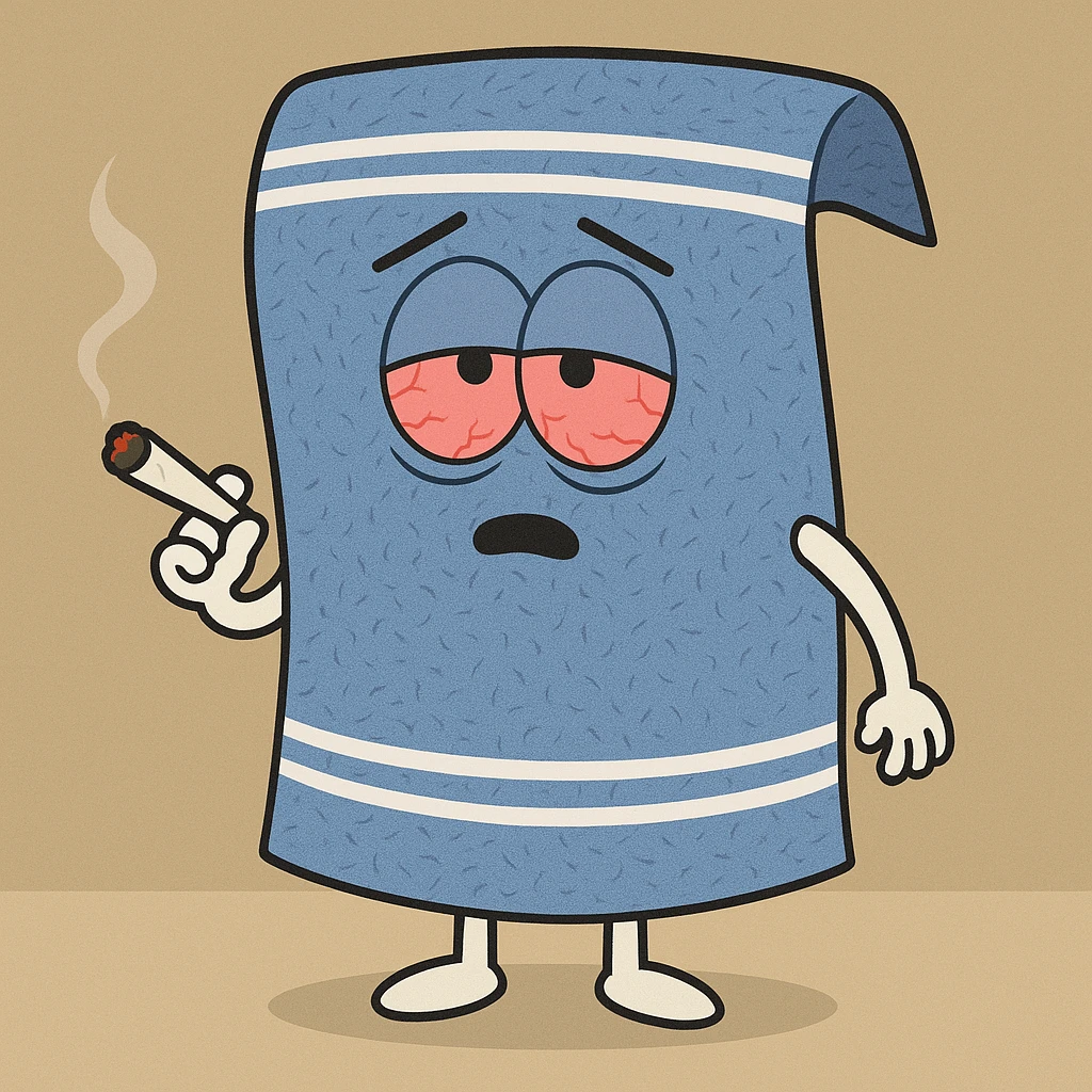 blue towel with arms and legs in South Park cartoon style, holding a joint, red eyes emoji