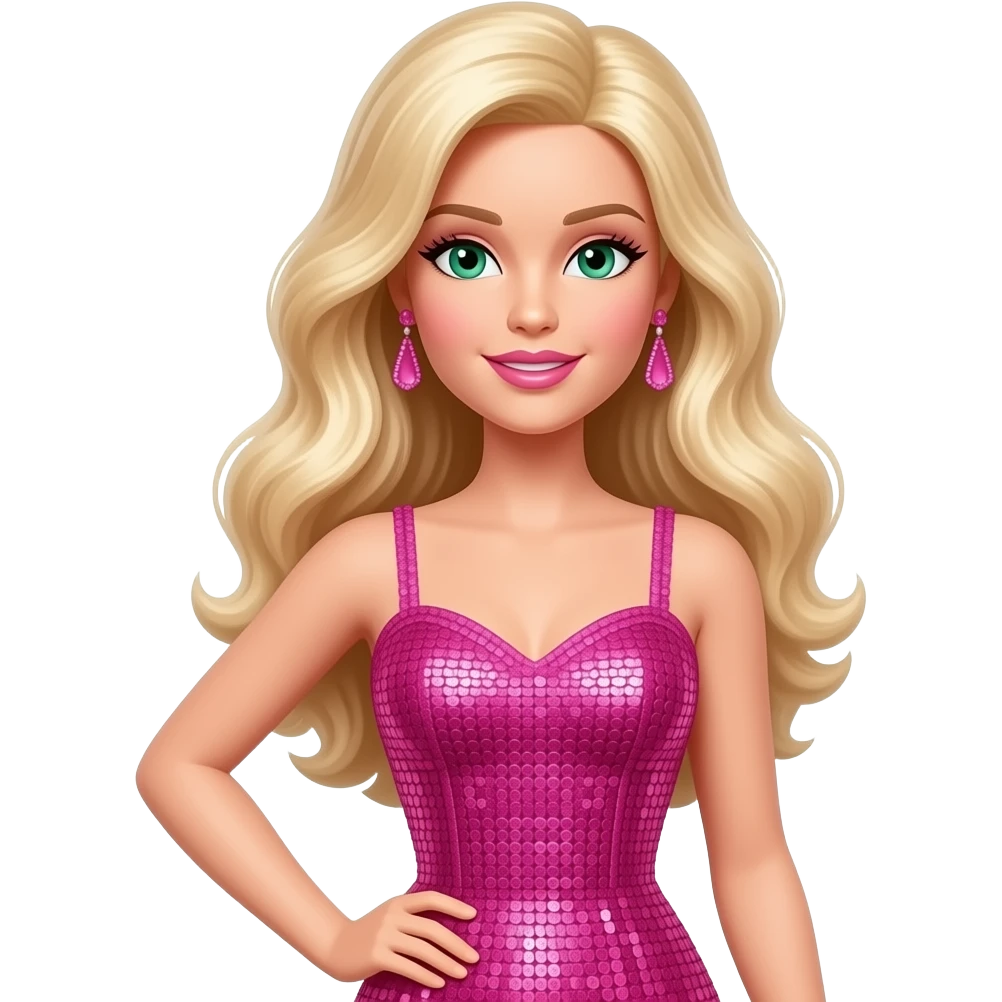 Glamorous blonde Barbie eyes green, hot pink sequin gown emoji