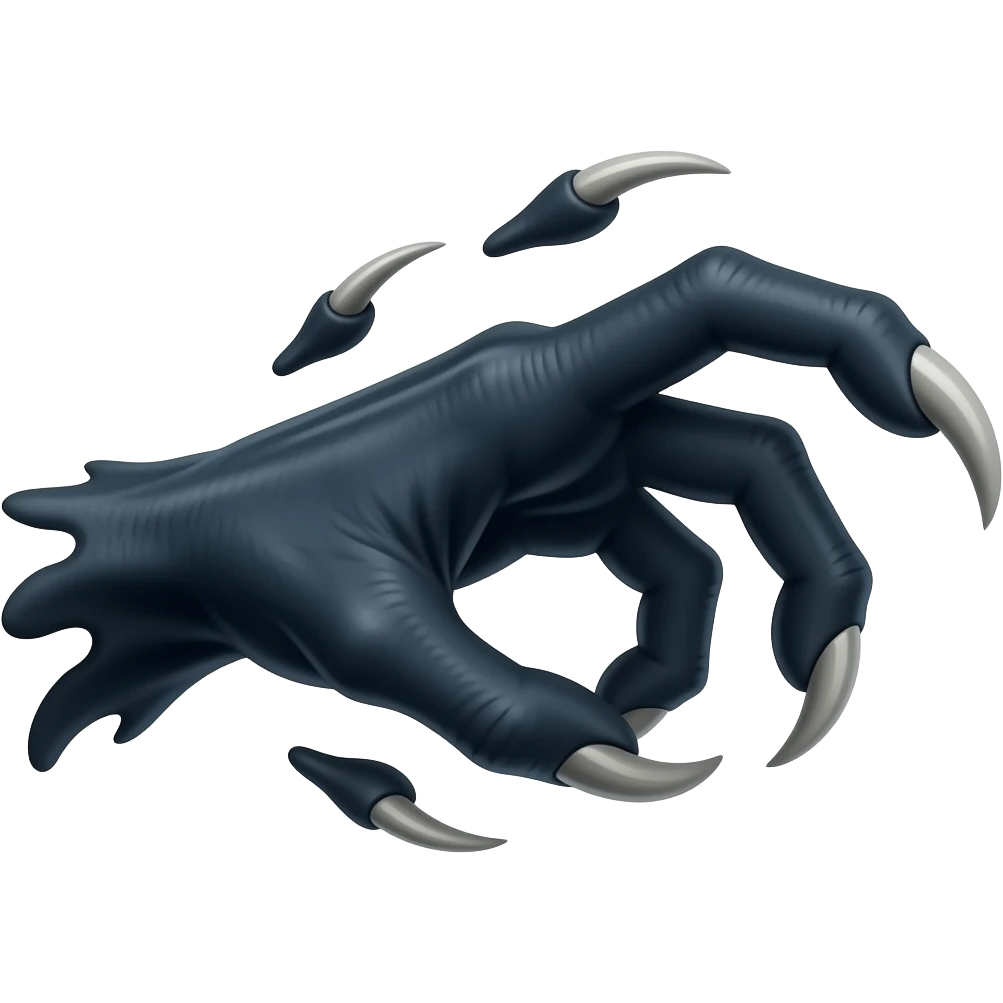Long dark Demonic hand with sharp claws. Make the hand reach out to attack and slash towards the right of the image violently. Shift the perspective to a side profile to show the curvature and length of the claws more clearly. emoji