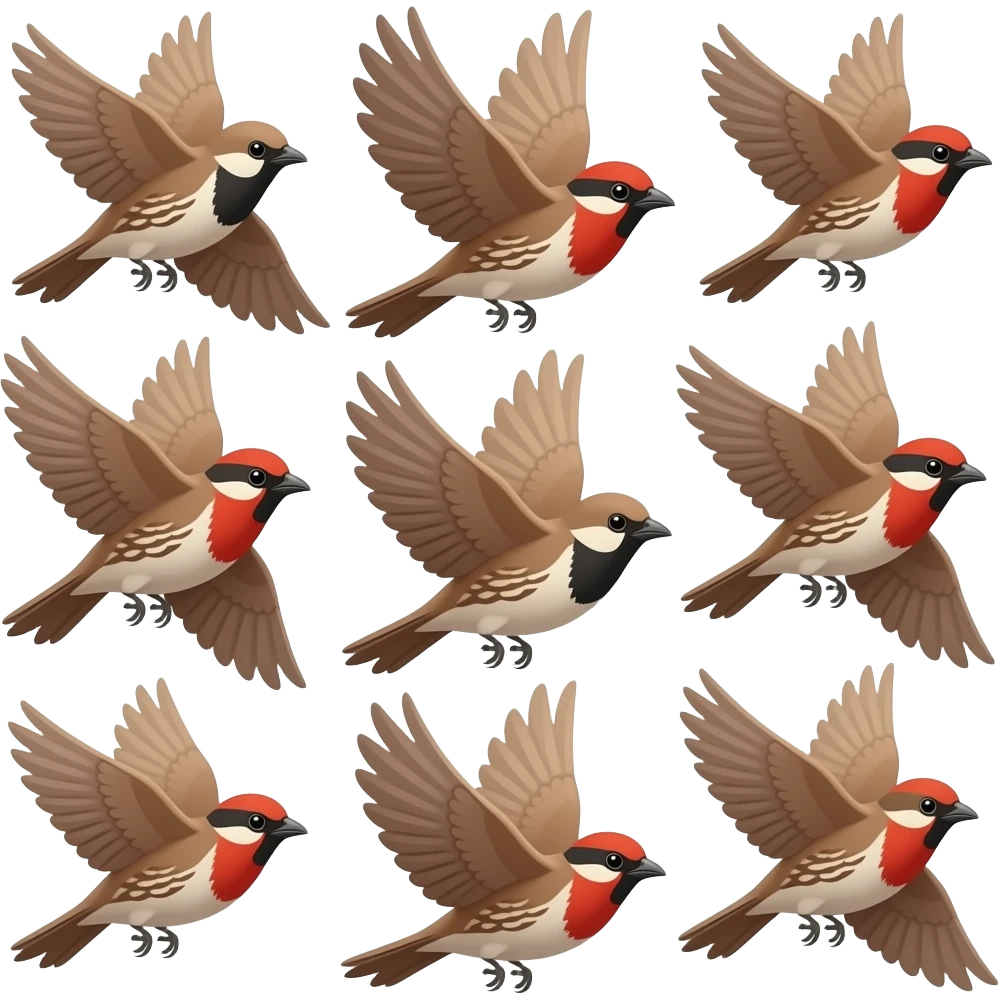 A detailed 3d render iPhone emoji icon of a detailed Brown and red color 3D Render iPhone emojis of a flock of brown and red color songbirds flying in the air emoji