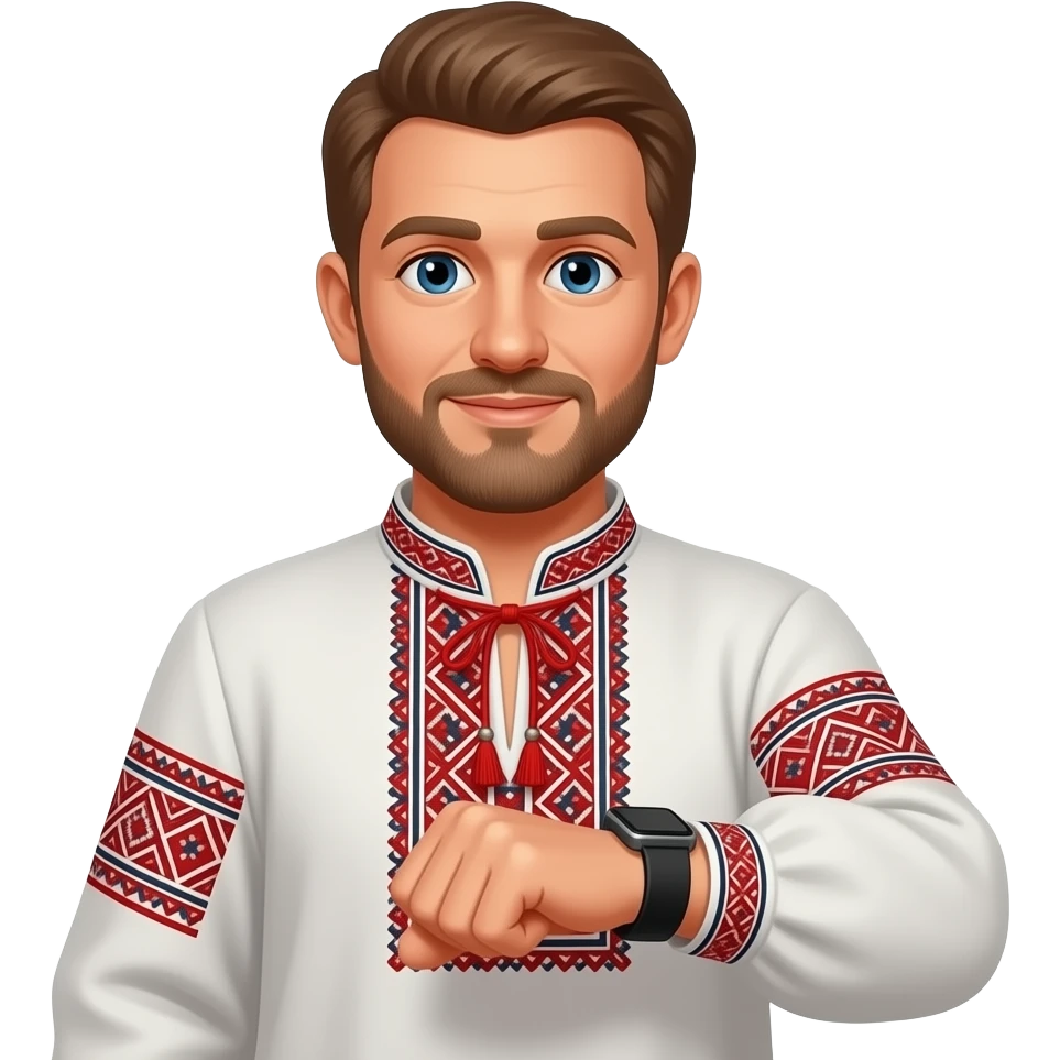 a russian farmer in national suit looking to apple watch wearing on hand for weather forecast emoji