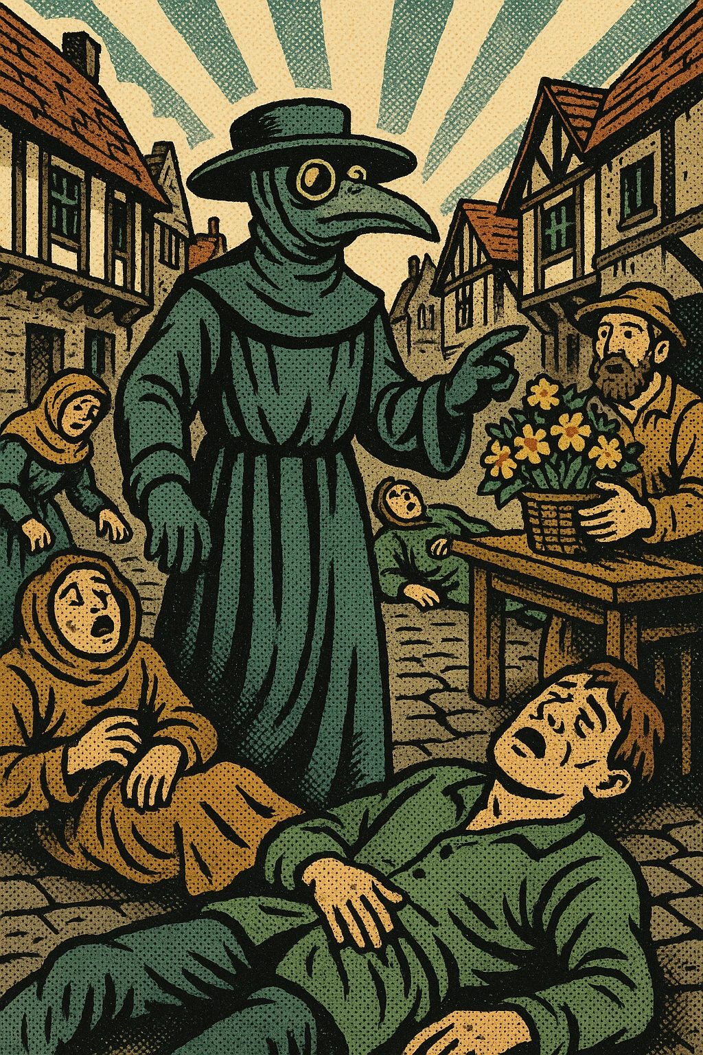 A street scene from a town in the 1600s in England with a plague doctor, several plague victims and an apothecary selling strong smelling flowers. This will show the Great Plague of 1665 emoji