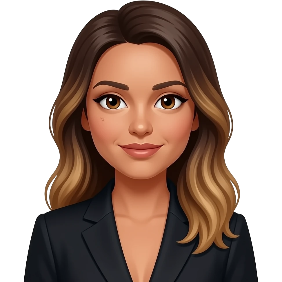 Woman in black suit, long balayage hair, warm medium-dark skin, big face, prominent nose, small pimple on left cheek, small mole near nose, natural look, professional portrait. emoji