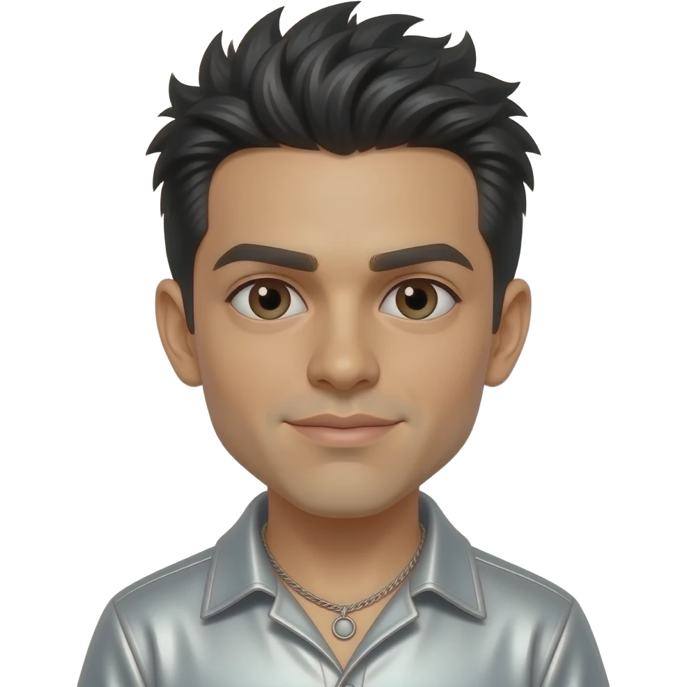 Erik-Michael Estrada from O-Town with dark brown eyes, black 2000s spiky hair, silver metallic shirt, necklace emoji