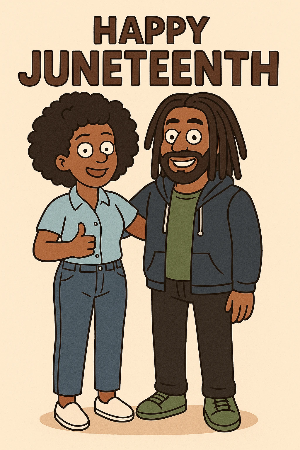 A woman Kinky hair light blue shirt blue jeans white shoes boy Dreadlocks dark brown hair green shuts navy blue zip up hoodie black jeans green shoes Bob Marley Vanessa Nakate Mae Jemison Happy JUNETEENTH emoji