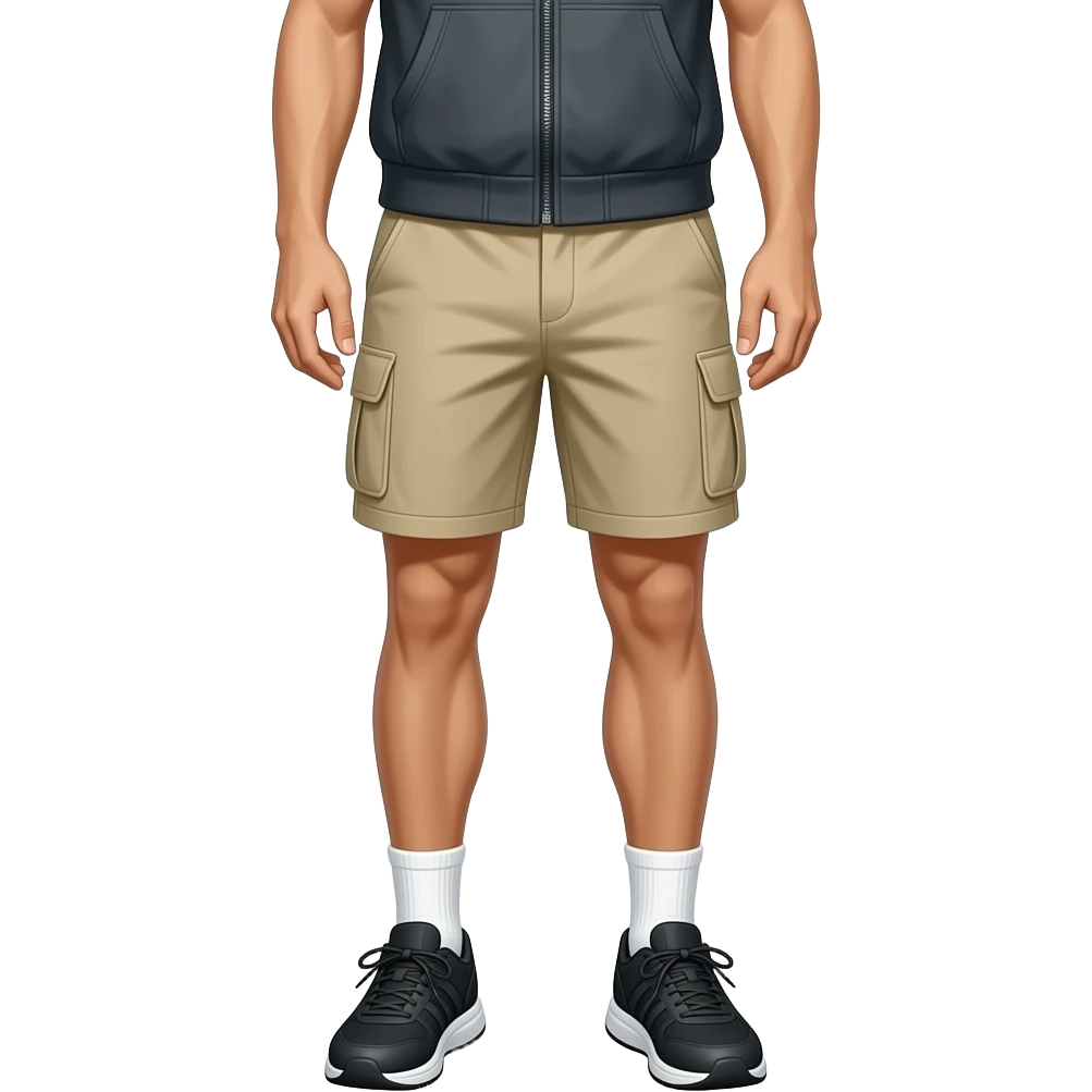 black running shoes with white socks, bare legs, beige cargo shorts and a dark grey open sweatervest from the waist down emoji