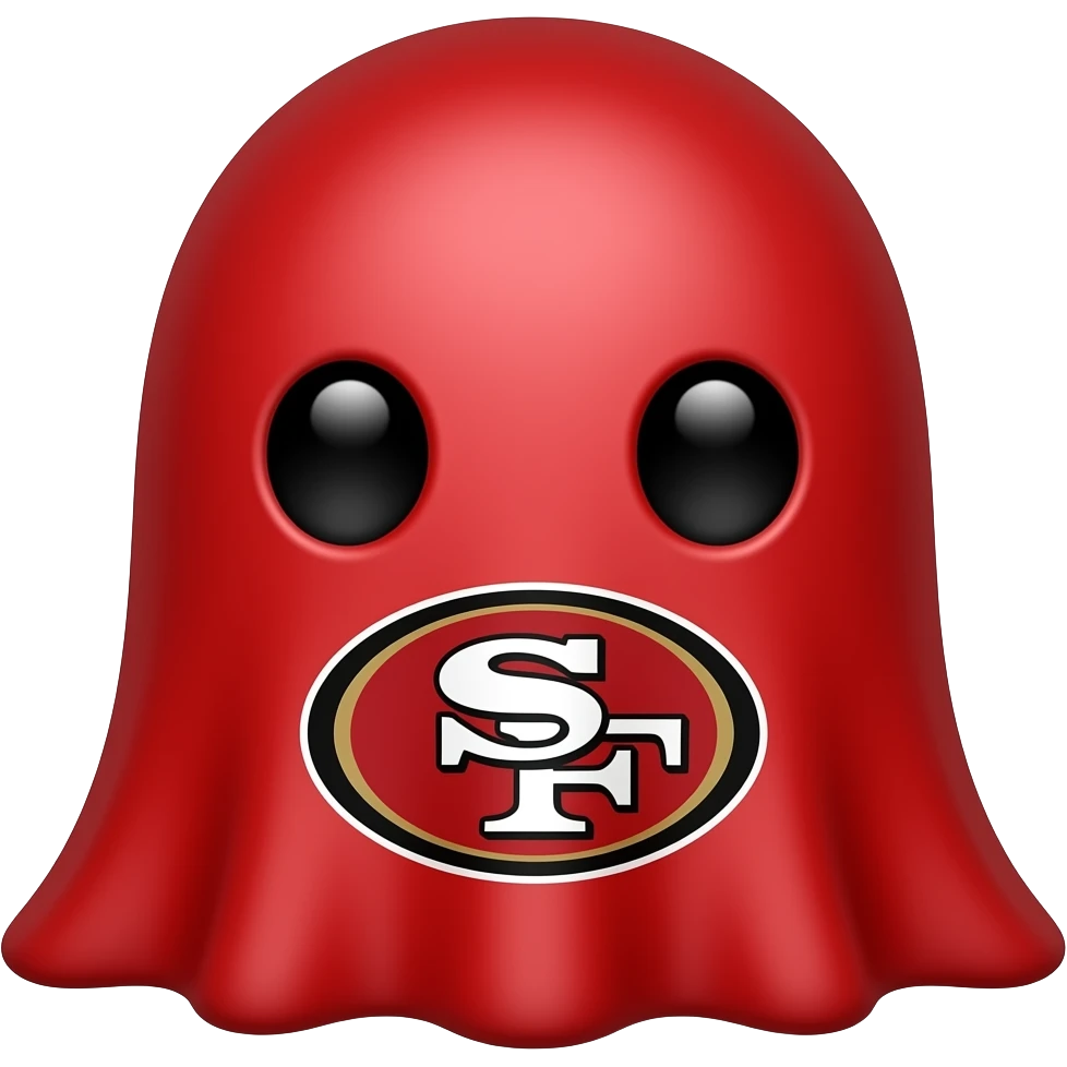 Kawaii solid red ghost with black eyes and San Francisco 49ers logo emoji