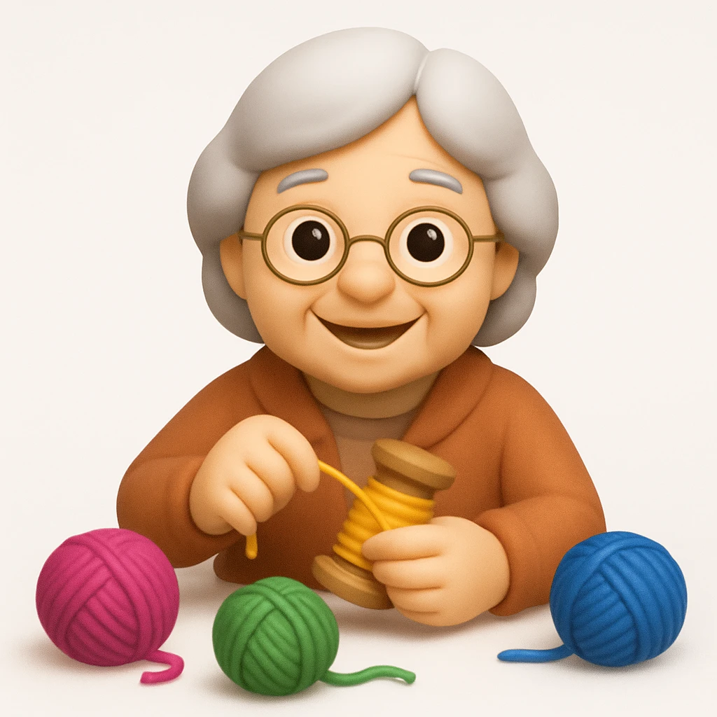 A 3D emoji in iOS emoji aesthetic style of an elderly woman winding thread onto a spool with both hands, smiling warmly, surrounded by colorful yarns, soft lighting, clean white background, cozy and cheerful design emoji