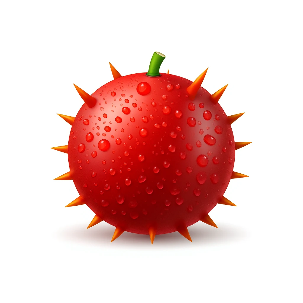 Add subtle water droplets to the red, round Stenocereus fruit with short spikes and a small green stem, realistic style, keep background white. emoji
