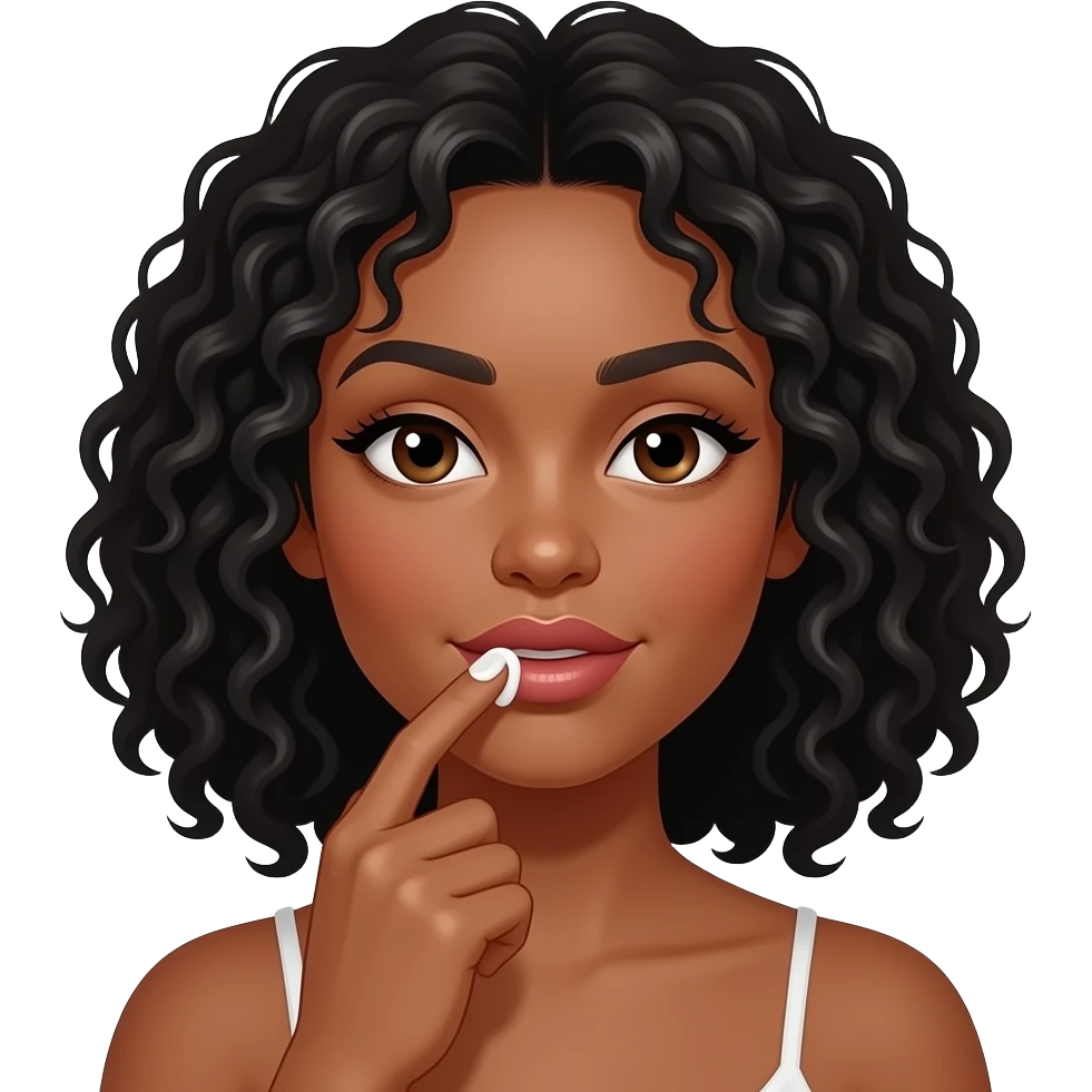 Medium dark skinned woman with black curly shoulder-length hair spreading cream on top of her lips with her finger. emoji