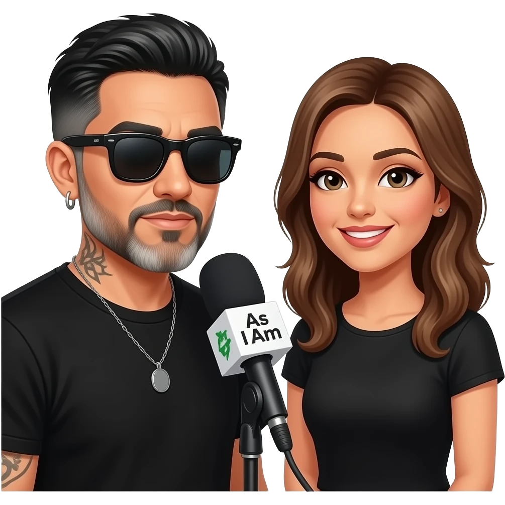 A podcast host, a handsome Latino man with medium hair, a graying beard, tattoos, hoops in his nose and ear, all in black with sunglasses, interviews a woman in front of a microphone with a logo reading "As I Am." emoji