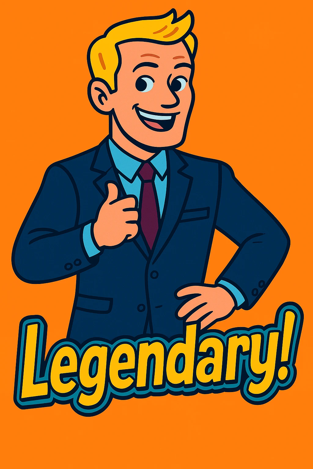 Add the text 'Legendary!' in a bold, fun cartoon font below Barney Stinson, matching the vibrant western adult animation cartoon style. The text should be colorful and lively to complement the character's energetic vibe. emoji
