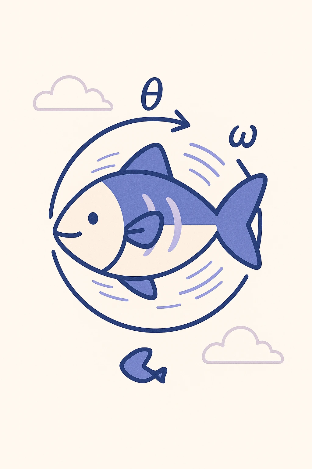 A simple educational style illustration of a fish with a circular arrow around it indicating rotation, labeled angle theta (θ) and omega (ω) symbols representing angular velocity, dynamic spinning fish with motion lines emoji