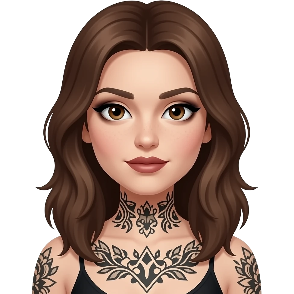 Hazel eyed pale white woman with brown hair and dark feminine makeup and body tattoos emoji