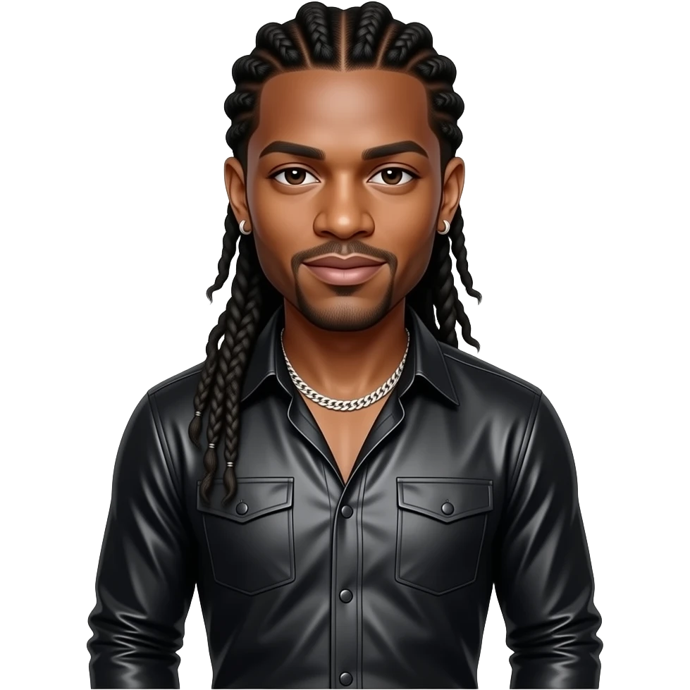 Jermaine Dupri with black braided hair, black metallic shirt, black metallic baggy pants, silver necklace and earrings emoji