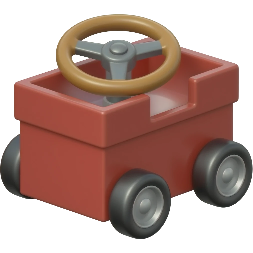 Red box with 4 small wheels with steering wheel emoji