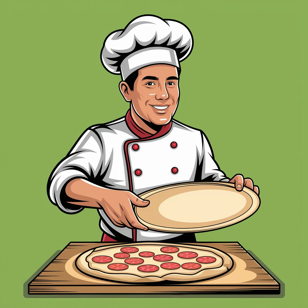 digital vector art of smiling Italian chef spinning pizza dough emoji