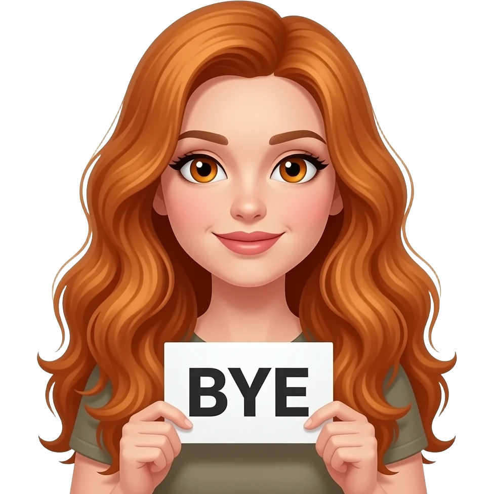 sexy girl with long wavy ginger hair and ginger eyes wearing a top is holding a BYE sign emoji
