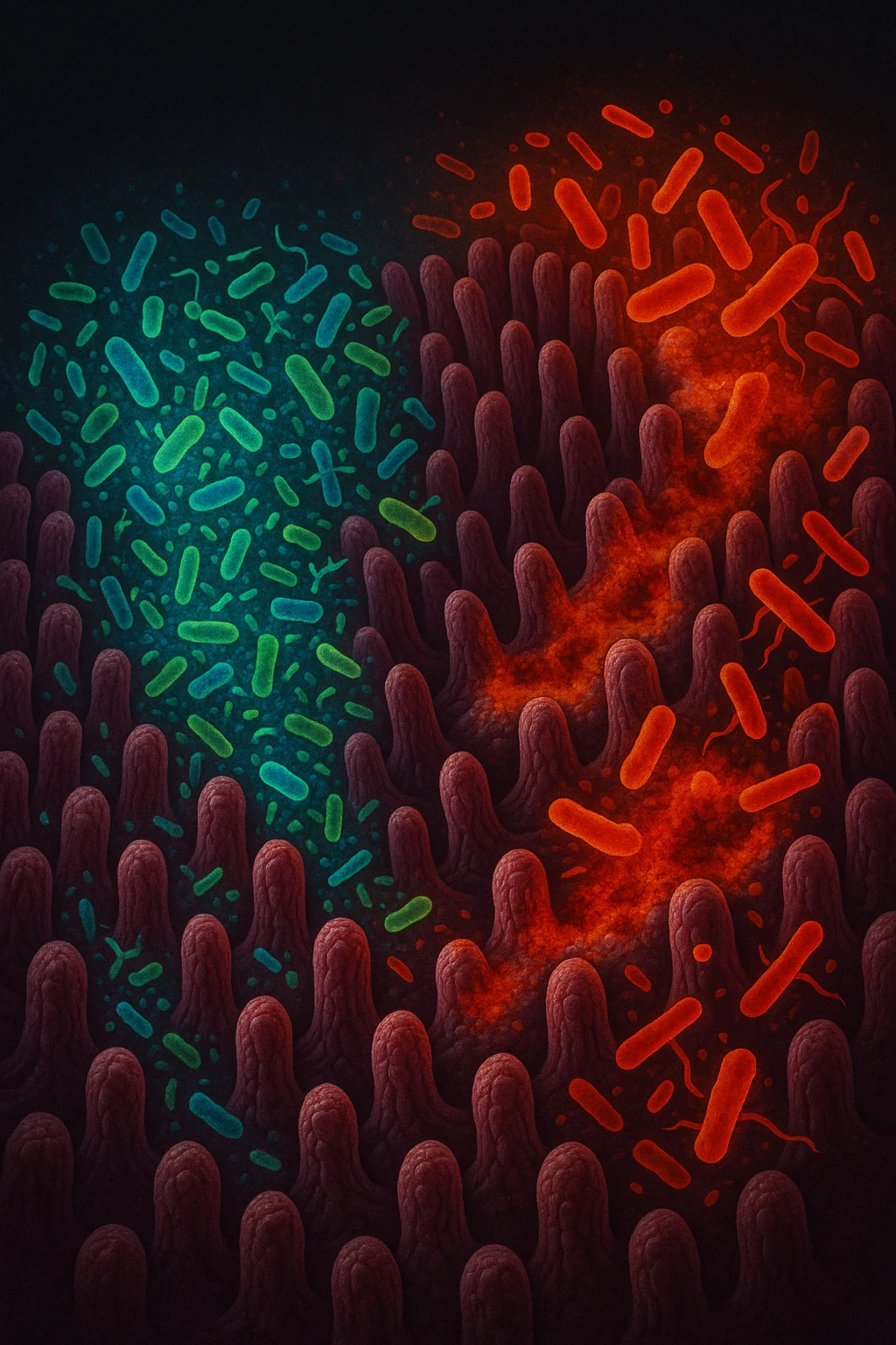 Scientific visualization of a man's intestinal lining. A healthy, diverse garden of glowing blue and green probiotic bacteria is being overtaken and outnumbered by aggressive, inflammatory red and orange pathogenic bacteria, creating patches of damage and imbalance. Dark, clinical background. emoji