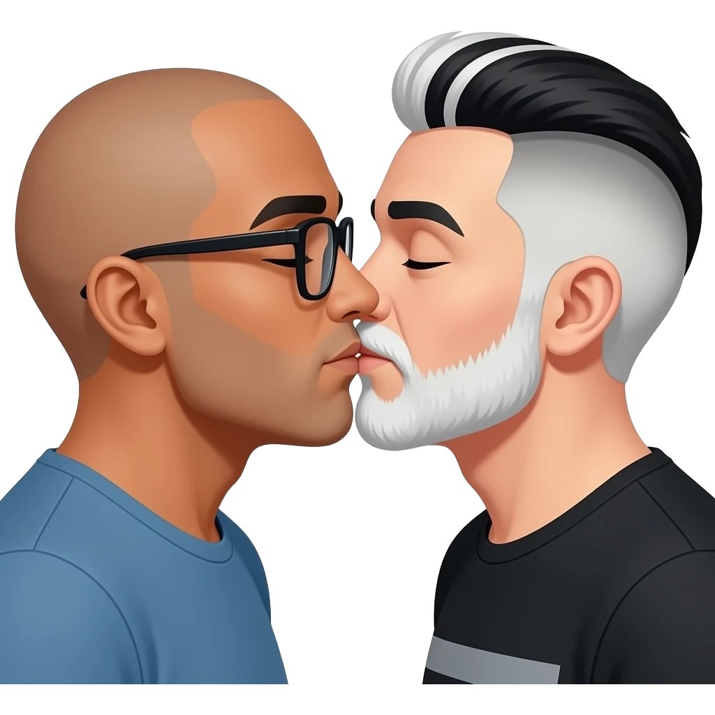 One has glasses and is bald and Mexican skin color. Gay men kissing romantically. The other guy is white and has silver daddy hair. White and black striped hair. He is young 40. He has a comb over and sides are a high fade cut. Also he has mostly white with some black facial hair. emoji