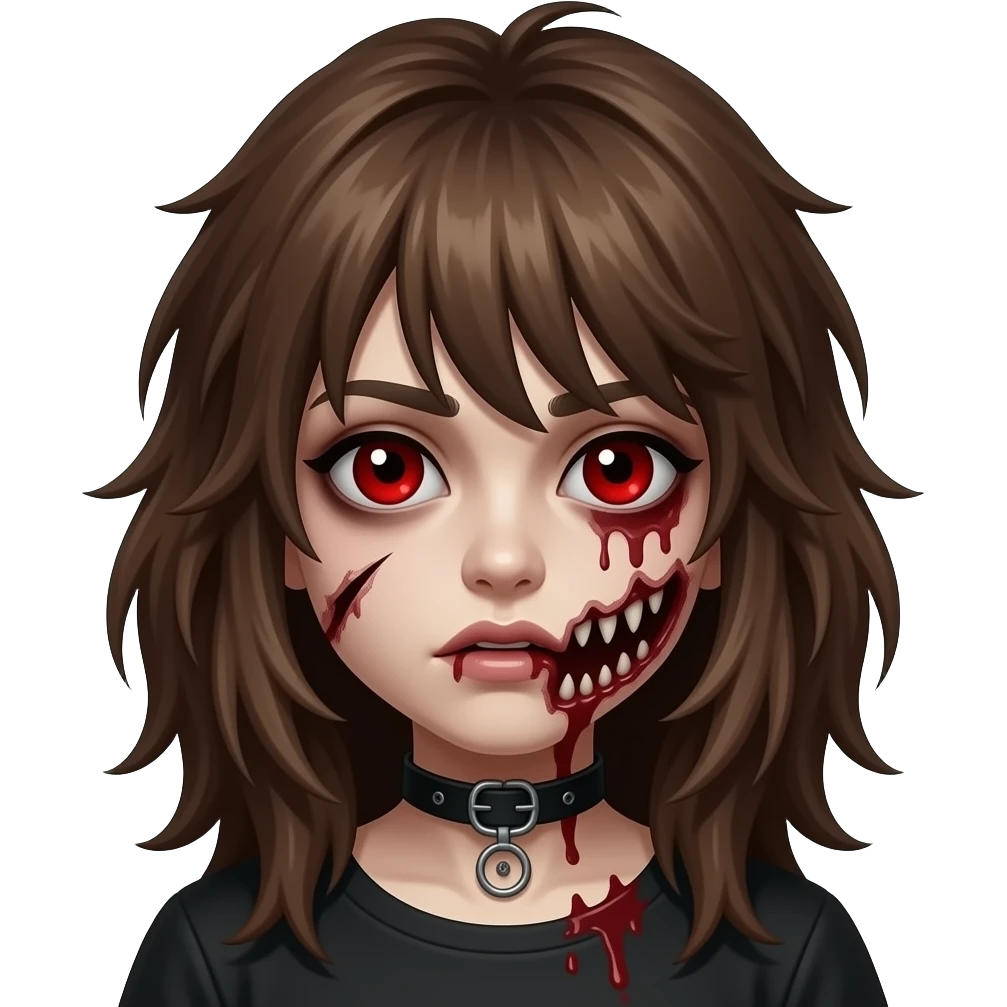 Girl, zombie, brown hair, long, emo, shaggy, dark, spooky, creepy, red eyes emoji