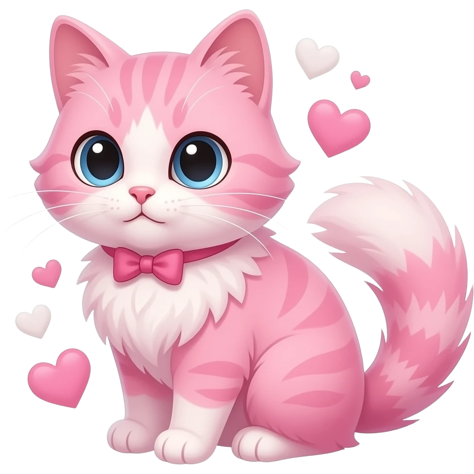 make a fluffy cat pink with fluf and hearts pink and hearts wihte emoji