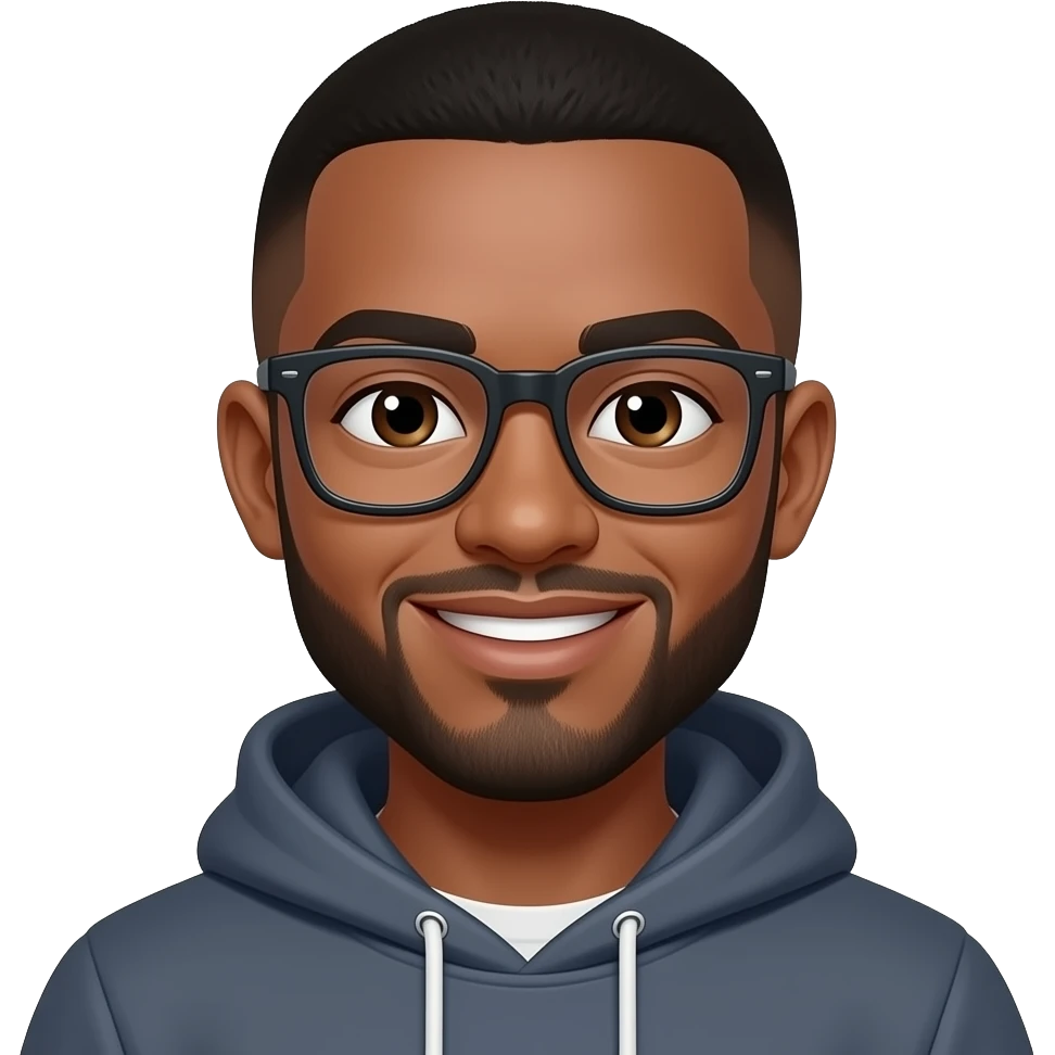 black man in his 20s with buzzcut. dark brown eyes. beard. glasses. smiling. wearing a hoodie. emoji