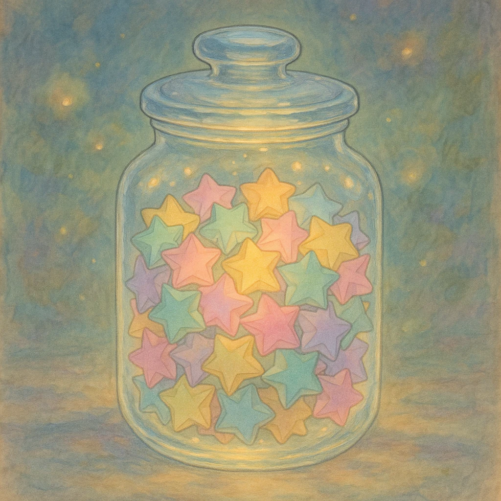 a transparent jar with pastel origami stars inside emoji