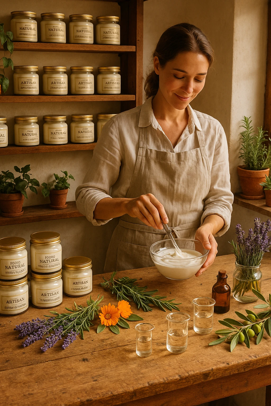 A realistic, high-quality photo of a small artisan skincare laboratory in Italy, with wooden shelves displaying beautifully packaged glass jars of natural creams made with herbal and botanical extracts, olive oil, and essential oils, clearly labeled ‘100% Natural’ and ‘Artisan Made in Italy’. The scene includes a bright, sunlit rustic workspace with plants, fresh lavender, rosemary, calendula flowers, and olive branches on the wooden counter, symbolizing purity and nature. A female artisan in a linen apron is carefully mixing creams in a glass bowl, smiling softly. The environment feels warm, authentic, and eco-friendly, emphasizing the concept of handcrafted skincare without synthetic chemicals in italiano emoji