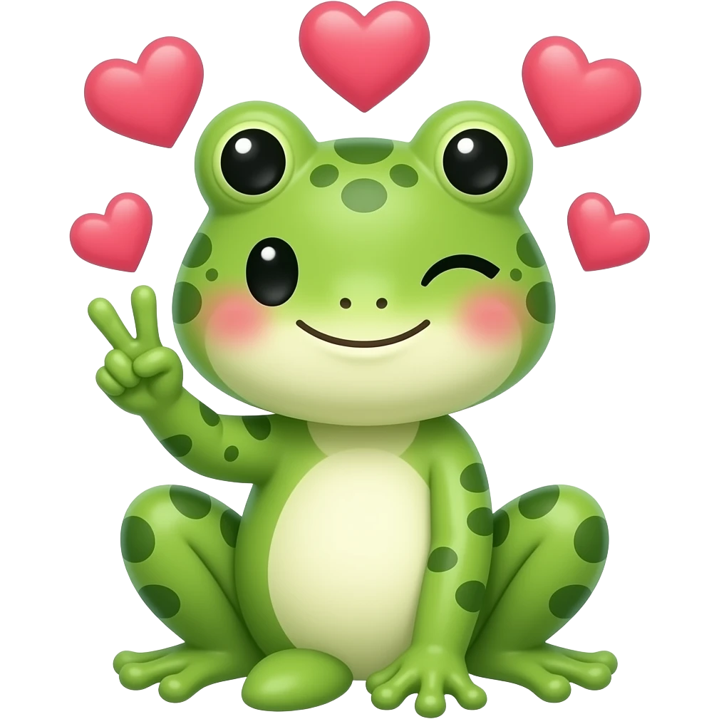 kawaii frog winking and holding up the peace sign, with hearts around her head emoji