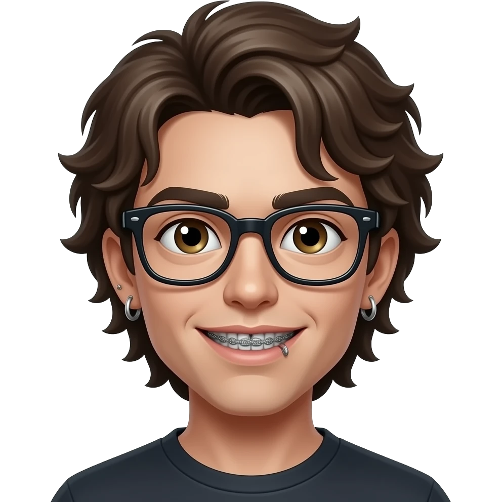Swagie zombie, with a piercing in the eyebrow, and two in the cheekbones, with short and wavy hair and braces and nerd glasses emoji
